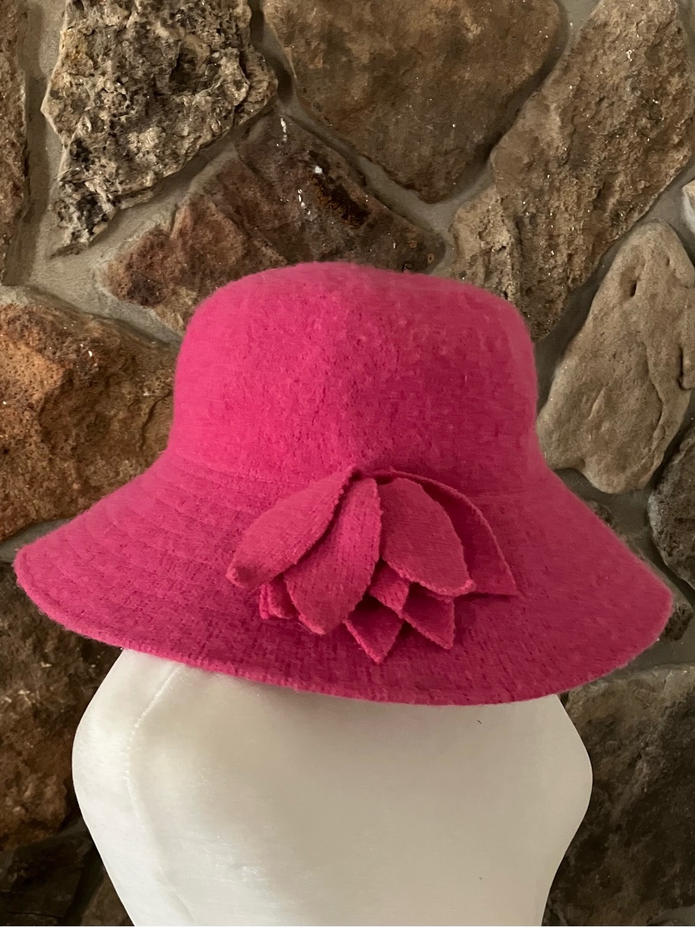 Source Unknown Hot Pink Wool Flower Cloche Hat